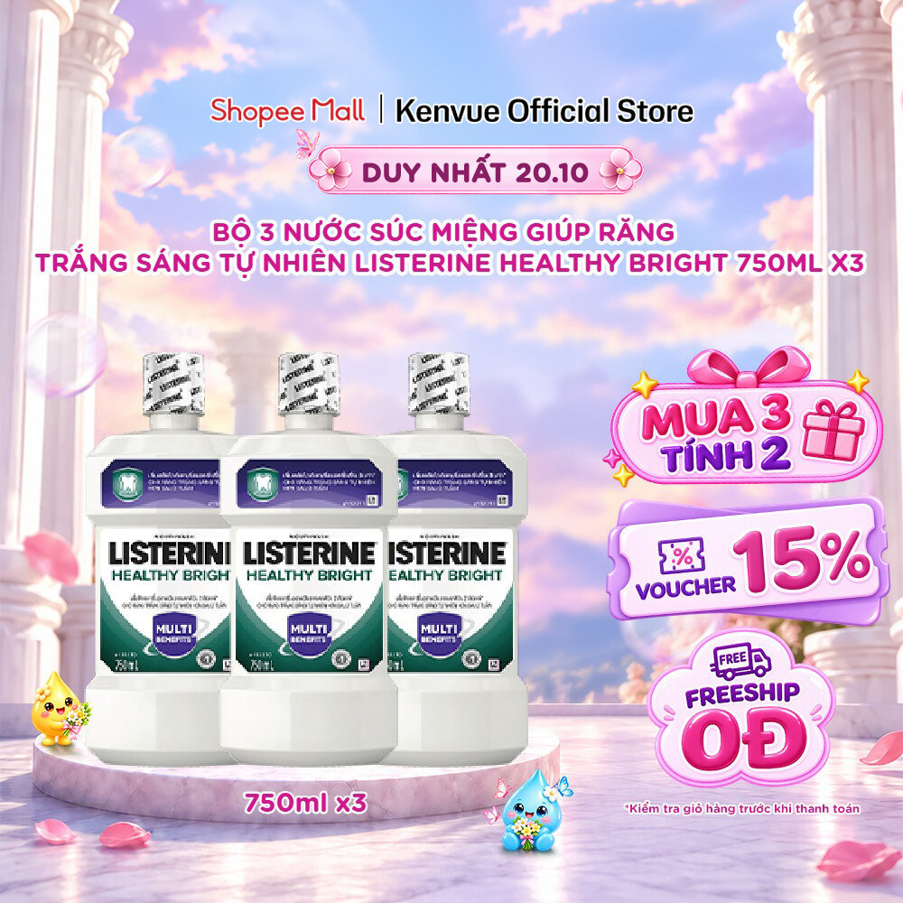 [Mua 3 tính 2] Bộ 3 Chai nước súc miệng Listerine Healthy Bright 750mlx3