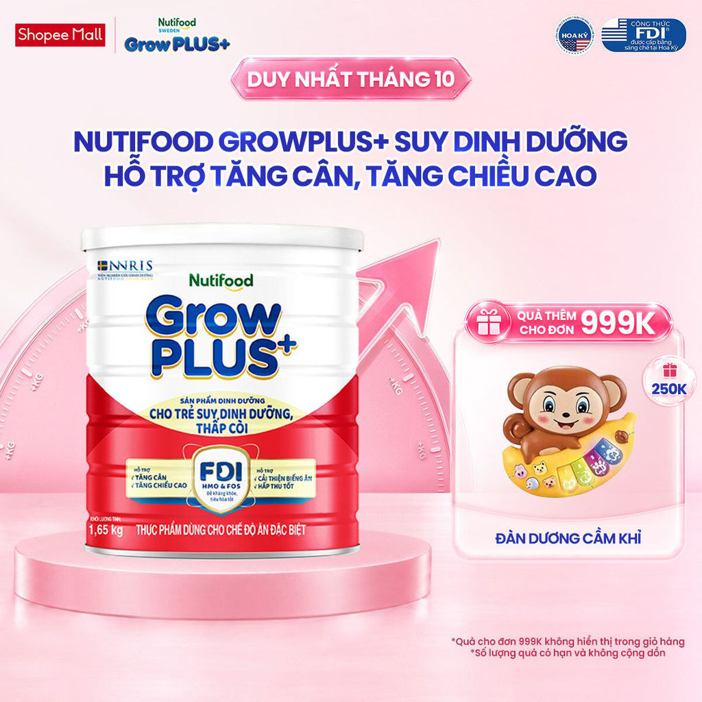 Sữa bột Nutifood GrowPLUS+ Suy Dinh Dưỡng (Đỏ) 1+ - Tăng Cân, Tăng Chiều Cao (Lon 1,65 Kg)