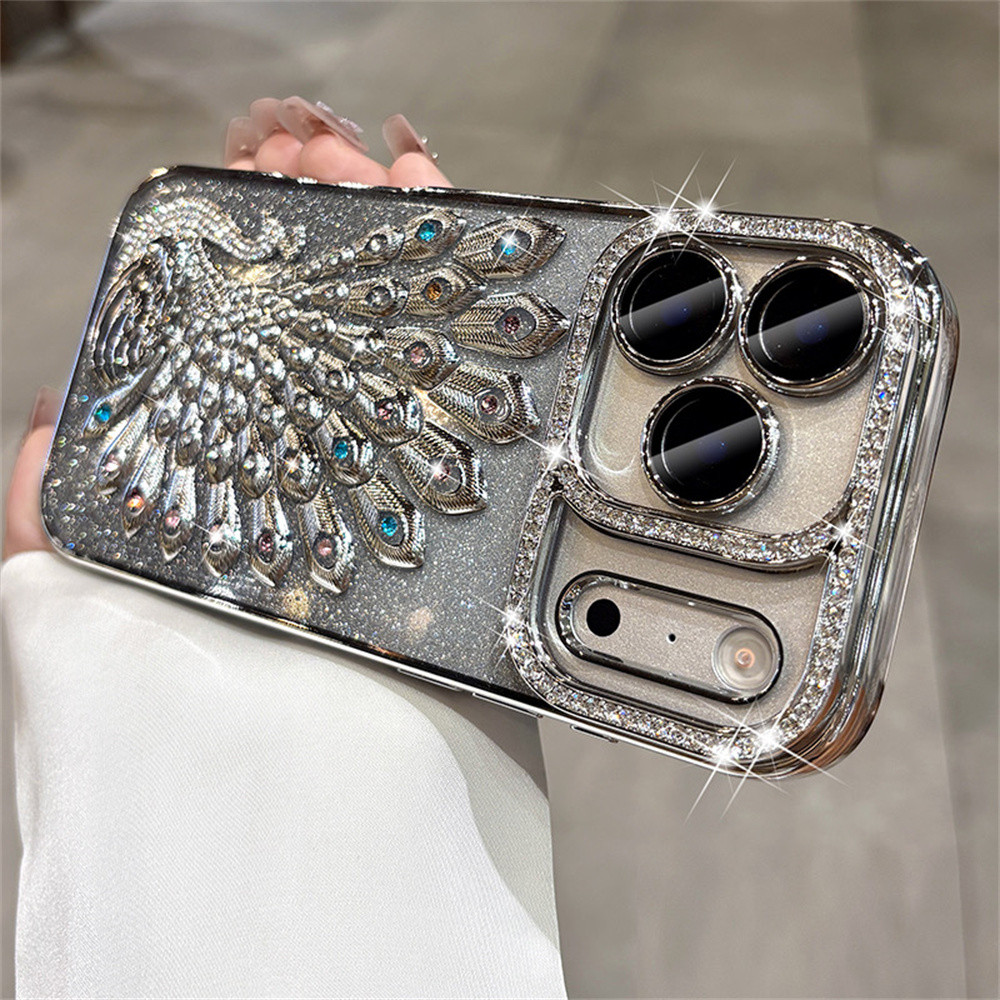 Ốp điện thoại hình con công 3D kim cương Flash sang trọng cho iPhone 17 Pro Max 16 13 14 15 Pro Max Air Phim bảo vệ gương chống rơi TPU mềm vỏ bảo vệ điện thoại