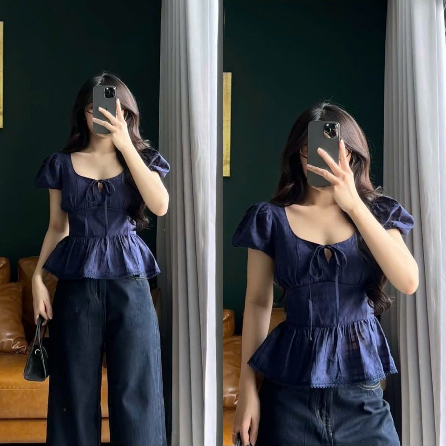 Áo Babydoll Thắt Eo, Smock Lưng Ôm Dáng Cực Xinh Màu Xanh Kiểu Cổ Vuông Hàn Quốc_A649