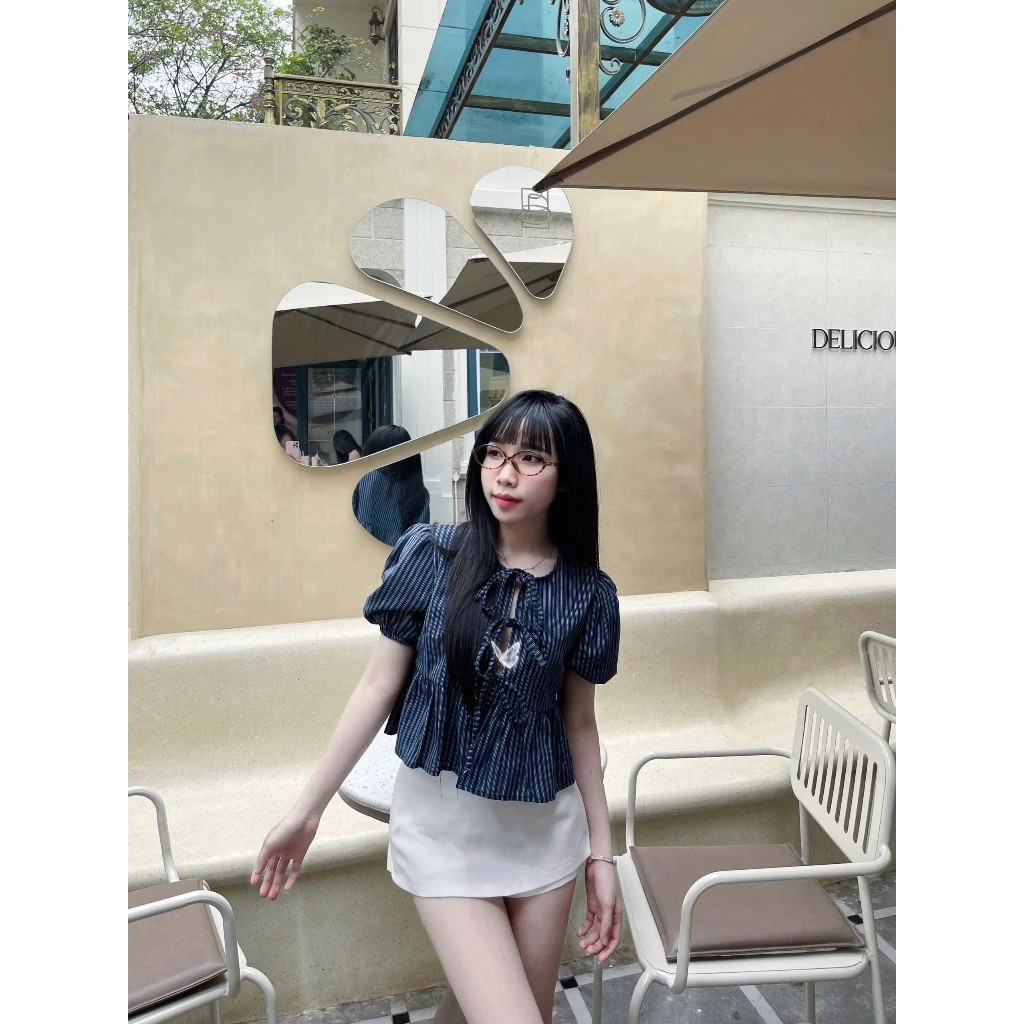 (Tặng kèm áo 2 dây) Áo Babydoll Kẻ Buộc Nơ Tay Phồng, Áo Kiểu Nữ Tay Bồng_A523