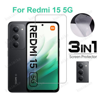 Kính Cường Lực 3 Trong 1 Cho Xiaomi Redmi 15 13 12 10 A5 A4 A3 A3x A2 + A1 + Mi 15 14 14T Pro Note 14 13 Pro 4G 5G Mặt Trước Bảo Vệ Màn Hình Mặt Sau Phim Carbon Ống Kính Máy Ảnh Phim Kính