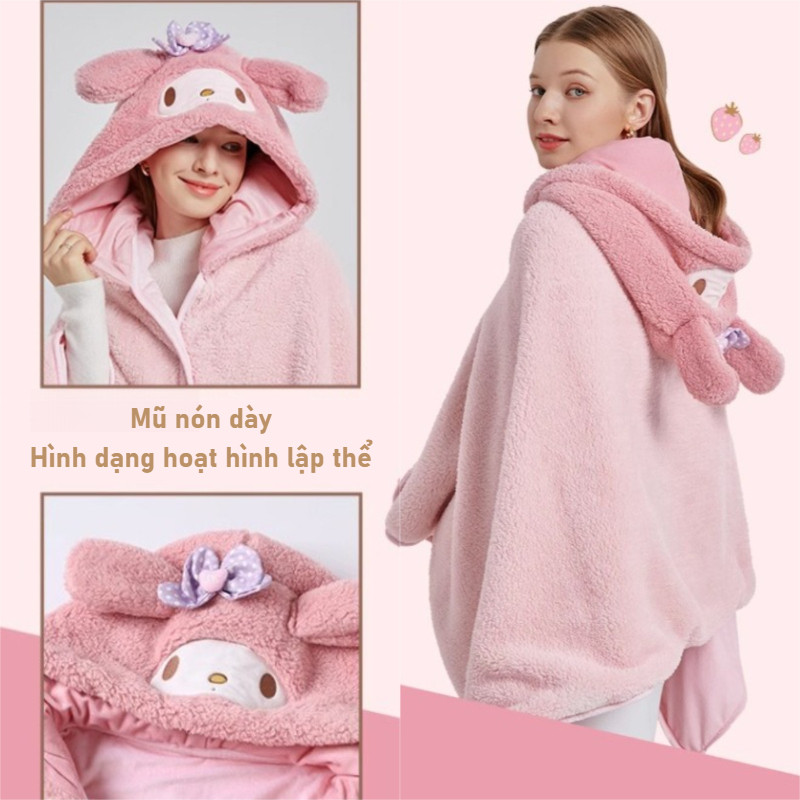 chăn quấn có mũ trùm đầu，sanrio/kuromi/melody/cinnamoroll, tấm chăn ngủ trưa kèm mũ, tấm chăn xỏ vai