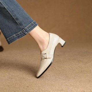 Giày Cao Gót Nữ Mũi Vuông Dày Gót Thắt Lưng Khóa Thời Trang