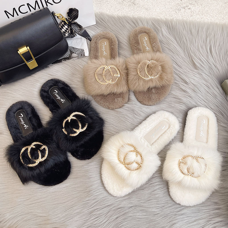 Dép Lông Thỏ Thật Nữ Mặc Ngoài Siêu Thu Đông Phù Hợp Với Giày Cotton Cổ Tích Phẳng Hợp Thời Trang.20251018
