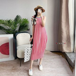 Miyake Váy Sọc Xếp Ly Cho Ngày Thường, Phù Hợp Mùa Hè, Chiều Dài