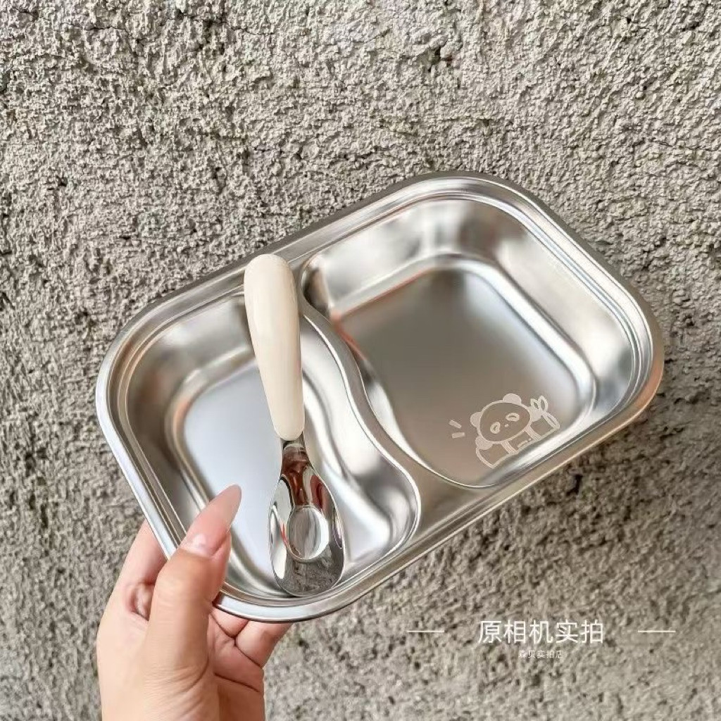Khay Ăn Dặm Inox 304 2 Ngăn Cho Bé Kèm Thìa Hình Thú Dễ Thương Cách Nhiệt Giữ Ấm An Toàn Cho Trẻ