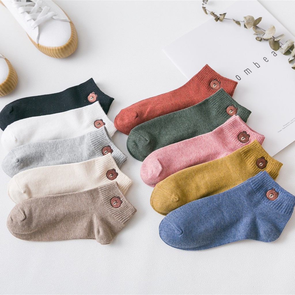 Combo 10 Đôi Tất Nữ Cổ Ngắn Hình Gấu Kute Chất Cotton Mềm Mịn Co Giãn 4 Chiều Tặng Kèm Túi Rút Xinh