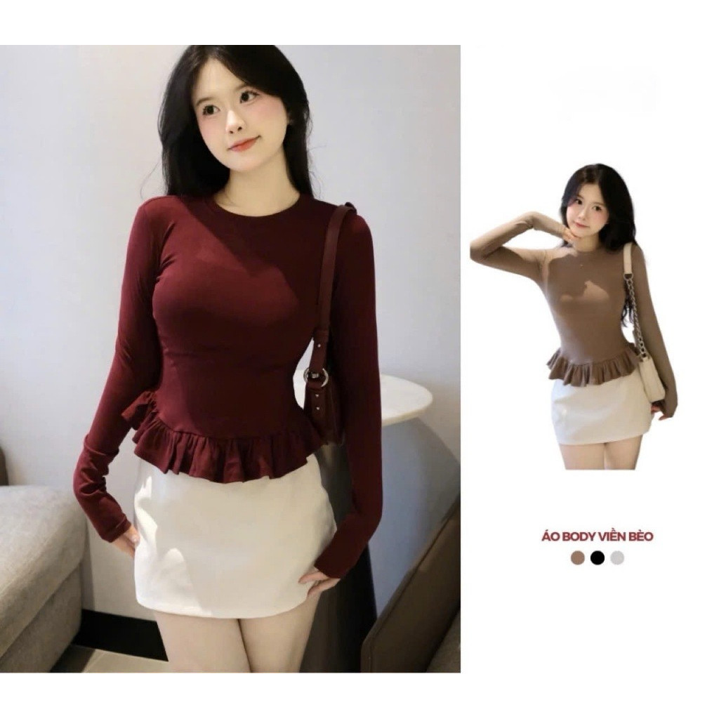 Áo Thun Dài Tay Nữ Ôm Body Phối Viền Bèo Xinh cotton lông mịn 12 THÁNG SÁU MA2509