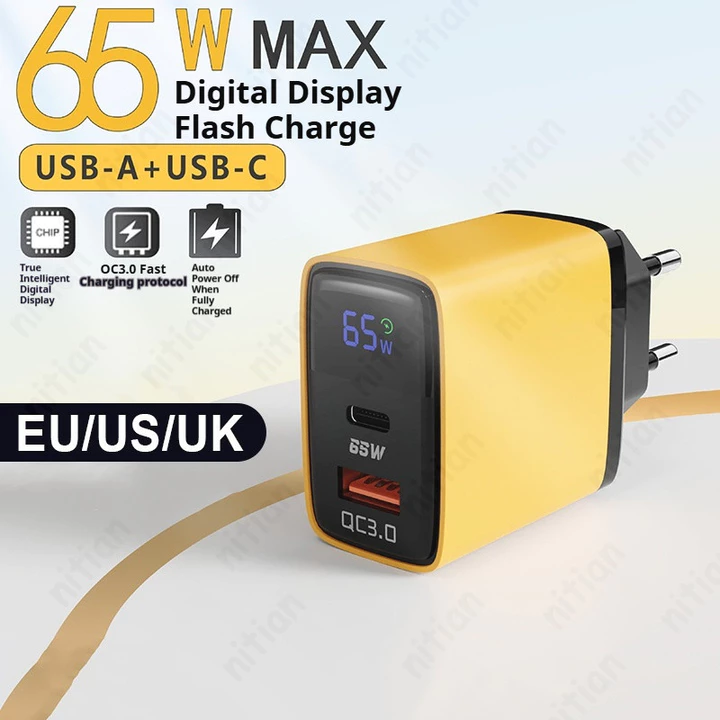 Bộ sạc nhanh 65W GaN USB + Type C Bộ sạc điện thoại treo tường cổng kép Sạc nhanh với màn hình kỹ thuật số Bộ chuyển đổi nguồn du lịch US / UK / EU Bộ – 2