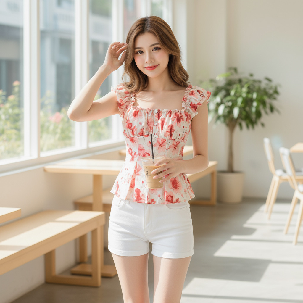 Áo 2 Dây Bèo Họa Tiết Hoa Dáng Ôm Lưng Bo Chun Phối Cúc Cài A51472