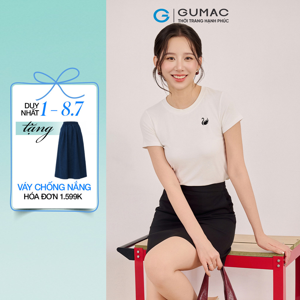 Áo thun nữ GUMAC kiểu form slim ôm nhẹ thêu hình con chim thiên nga phía trước  ATF08007