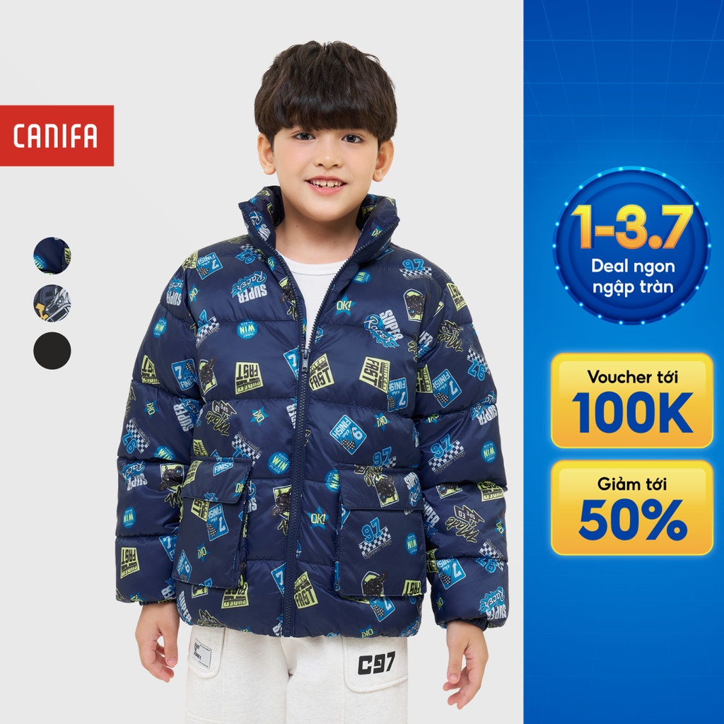 Áo khoác chần bông bé trai CANIFA cổ cao in họa tiết chống nước siêu nhẹ siêu ấm 2OT25W012