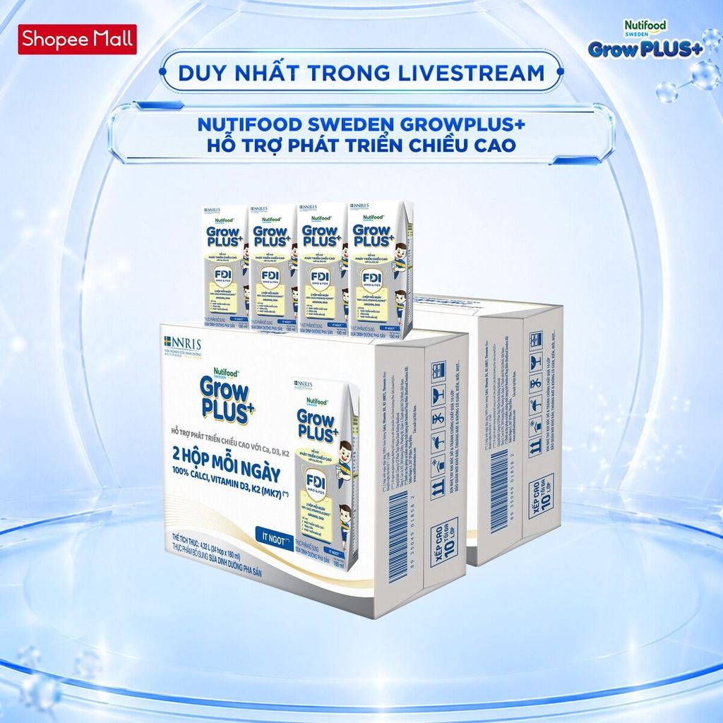 [Livestream BeyondK] Combo 2 Thùng 24 Hộp Sữa Bột Pha Sẵn Nutifood Sweden GrowPLUS+ Cao lớn vượt trội hộp 180 ml