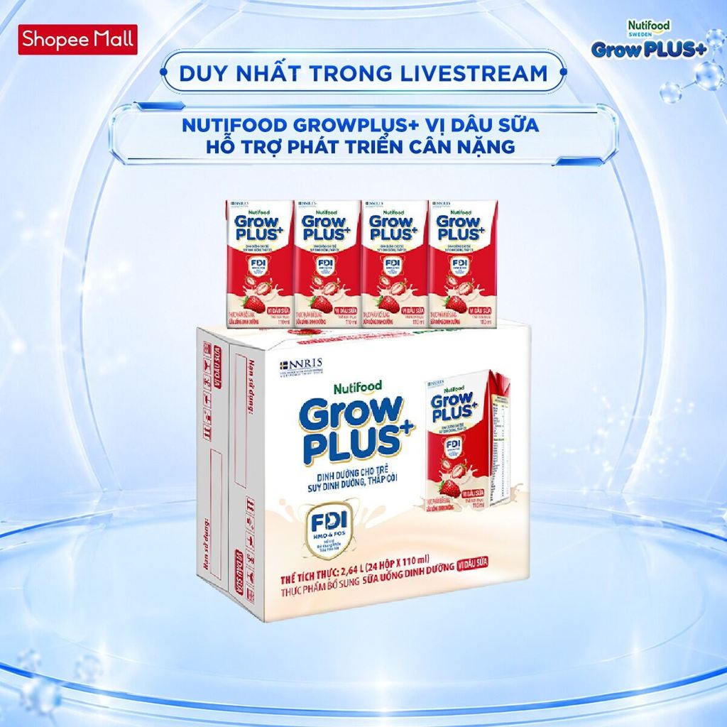 [LIVESTREAM KOL] Thùng 24 hộp Sữa bột pha sẵn Nutifood GrowPLUS+ Vị Trái Cây hộp 110ml (24 hộp x 110ml)