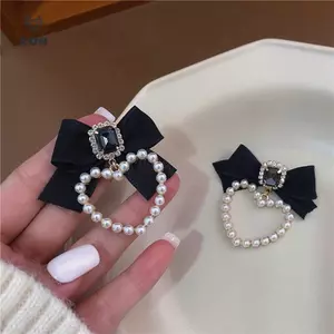 Bông tai pha lê hình vuông nơ dành cho nữ Quà tặng trang sức trái tim ngọc trai thanh lịch [Mina]
