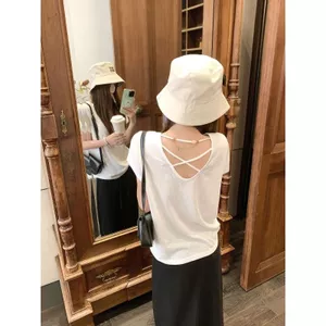Bông tuyết Cotton Phong cách Hàn Quốc Dây màu trơn Vai trước Áo thun ngắn tay nữ dáng rộng mùa hè Thiết kế mỏng hơn thon gọn hơn Nhìn Top Hợp thời trang