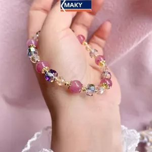 MAKY Thời Trang Tự Nhiên Dâu Pha Lê Vòng Tay Nữ Ánh Sáng Sang Trọng Dây Màu Hồng Đính Hạt Co Giãn Lắc Tay Dự Tiệc Trang Sức Quà Tặng VN