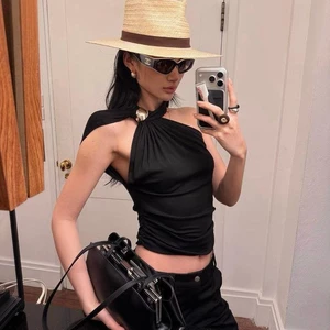 Khóa kim loại màu trơn mùa hè Dây đeo chéo phong cách cô gái nóng bỏng Vai xiên Slim-fit Ngắn cao cấp Áo nữ không tay