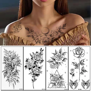 Chống Thấm Nước Tạm Thời Cơ Thể Nghệ Thuật Hình Xăm Miếng Dán Hoa Hồng Đen Thiết Kế Hoa Dài Phác Thảo Cho Cánh Tay Chân Tranh Gợi Cảm