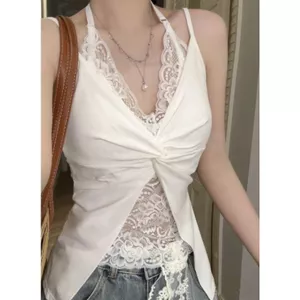 Pure Desire Style Giả hai mảnh Dây buộc ren gợi cảm Slim-Fit Slim-Fit Slimer Look Inner Wear Outer Wear V