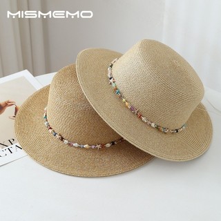 MISMEMO Mũ nữ đính hạt vỏ ống hút vành lớn, che nắng mùa xuân hè, phong cách kỳ nghỉ bãi biển