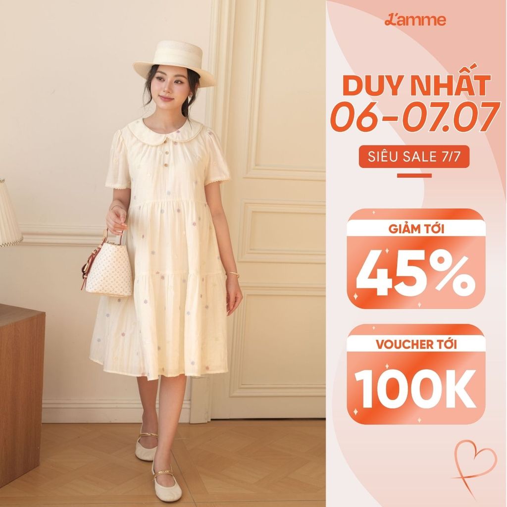 Đầm Bầu DOLLY DRESS L'amme - Thiết Kế Cổ Sen Đi Ren Vintage, Chất Tơ Đũi Mềm Mát Che Bụng Tốt