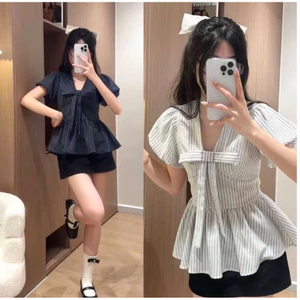 Áo sơ mi nữ cổ tim tay phồng đính nơ to màu sọc xinh xắn thời trang mùa hè hot SMK98444 - Hieuvy Botique