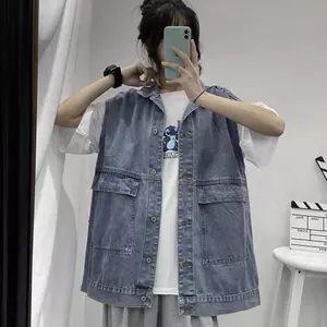 Áo khoác denim không tay nữ hàng hóa Áo Vest dáng rộng Hàn Quốc Retro Xanh Denim