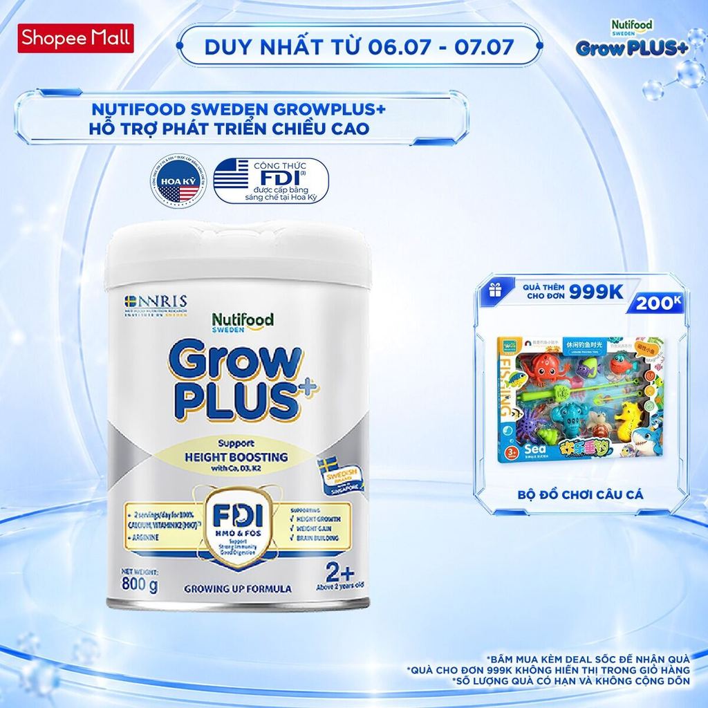Sữa Bột Nutifood Sweden GrowPLUS+ Cao lớn vượt trội trên 2Tuoi (Bạc) 800g