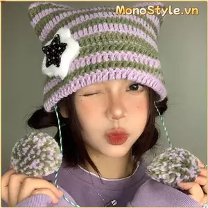 Mũ Beanies Monostyle Y2K với họa tiết sọc ngôi sao đáng yêu, tai nhọn như quỷ mèo, phù hợp thu đông