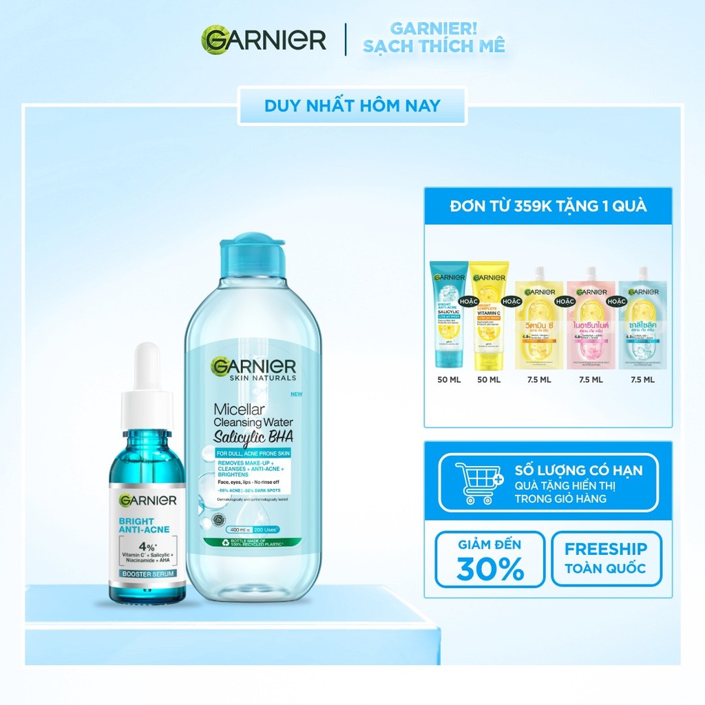 Bộ đôi dưỡng chất và nước tẩy trang làm sạch sâu, giảm mụn Garnier (mới)