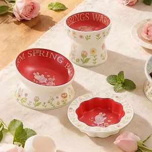 Bát ăn gốm cho mèo/chó, bát nước đỏ, thiết kế nghiêng bảo vệ cổ, chống đổ, chân cao, bát đôi nước & thức ăn