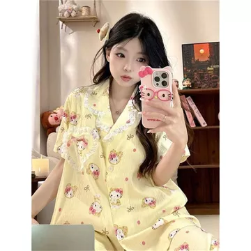 Bộ đồ ngủ tại nhà dễ thương Bộ đồ ngủ Nhật Bản Bộ đồ phong cách công chúa Bộ đồ ren Bộ đồ màu vàng hellokitty Bộ đồ nữ Bộ đồ mùa hè Bộ đồ ngắn tay Bộ đồ phong cách ngọt ngào Bộ đồ ngủ