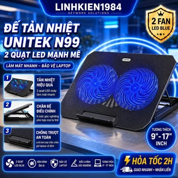 Đế Tản Nhiệt Laptop UNITEK N99 2 Quạt LED Xanh, Chỉnh Góc 6 Mức, Tản Nhiệt Êm, Hỗ Trợ Laptop 9-17 Inch