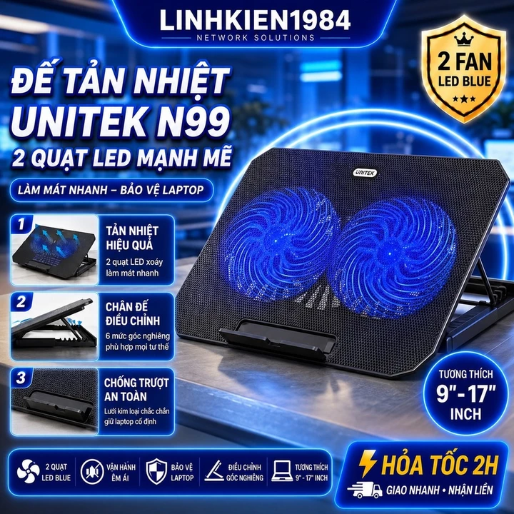 Đế Tản Nhiệt Laptop UNITEK N99 2 Quạt LED Xanh, Chỉnh Góc 6 Mức, Tản Nhiệt Êm, Hỗ Trợ Laptop 9-17 Inch