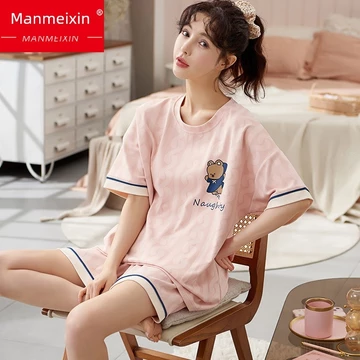 đồ ngủ nữ đồ ngủ nữ pyjama Bộ đồ ngủ cỡ lớn đặc biệt cho nữ quần short ngắn tay mùa hè 100% cotton có thể mặc ra ngoài đồ mặc ở nhà bộ đồ rộng rãi thường ngày cho nữ