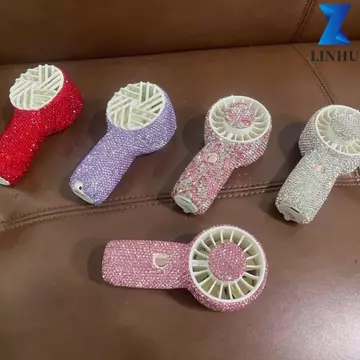 Quạt làm mát Mini LINHU, Quạt cầm tay bằng kim cương giả dài 3 bánh, Quạt cầm tay cầm tay cầm tay tinh tế lấp lánh gió mạnh mẽ nhỏ gọn Sử dụng ngoài trời trong nhà