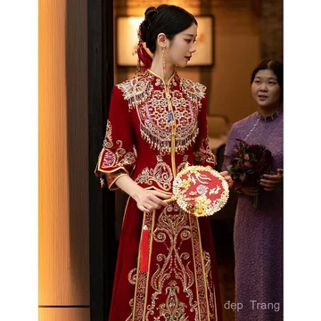 Áo cưới Xiuhe vải nhung, váy cưới tân Trung Hoa, váy mời rượu, áo cưới cô dâu, trang phục cưới, áo Long Phụng nữ