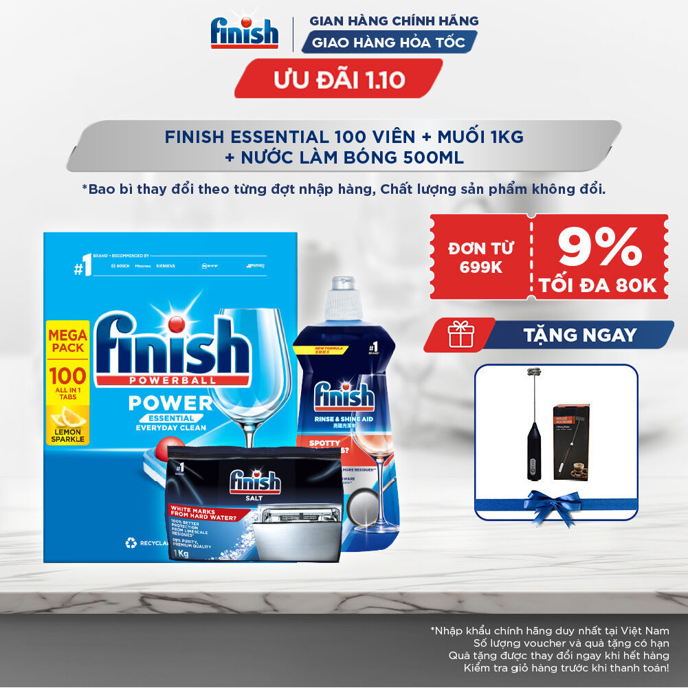 Combo Finish tiện lợi 2: Hộp 100 Viên Rửa Bát Essential + Nước Làm Bóng Finish 500ml + Muối Rửa Chén Finish Salt