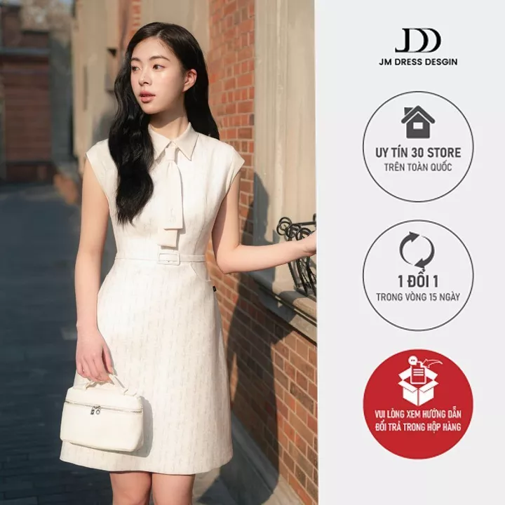 Đầm Xuân Hè Cổ Đức Tay Chờm Cổ Buộc Nơ 1S13.2601. Đầm Dáng A Monogram Thanh Lịch, Đầm Công Sở Phong Cách Preppy JM