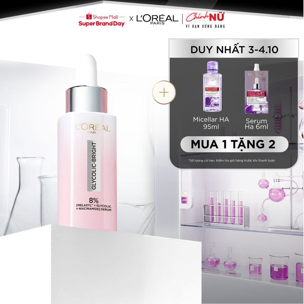 Serum Glycolic Melasyl 8% [Melasyl+Glycolic+Niacinamide] dưỡng sáng da, mờ thâm mụn & nám Loreal Paris 30ml