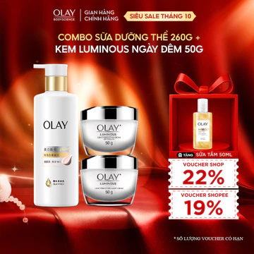 Combo Sữa dưỡng thể Sáng da Olay 260g + Kem Dưỡng Da Ngày & Đêm OLAY Luminous Sáng da, Mờ Thâm Nám SPF15 PA ++ 50g