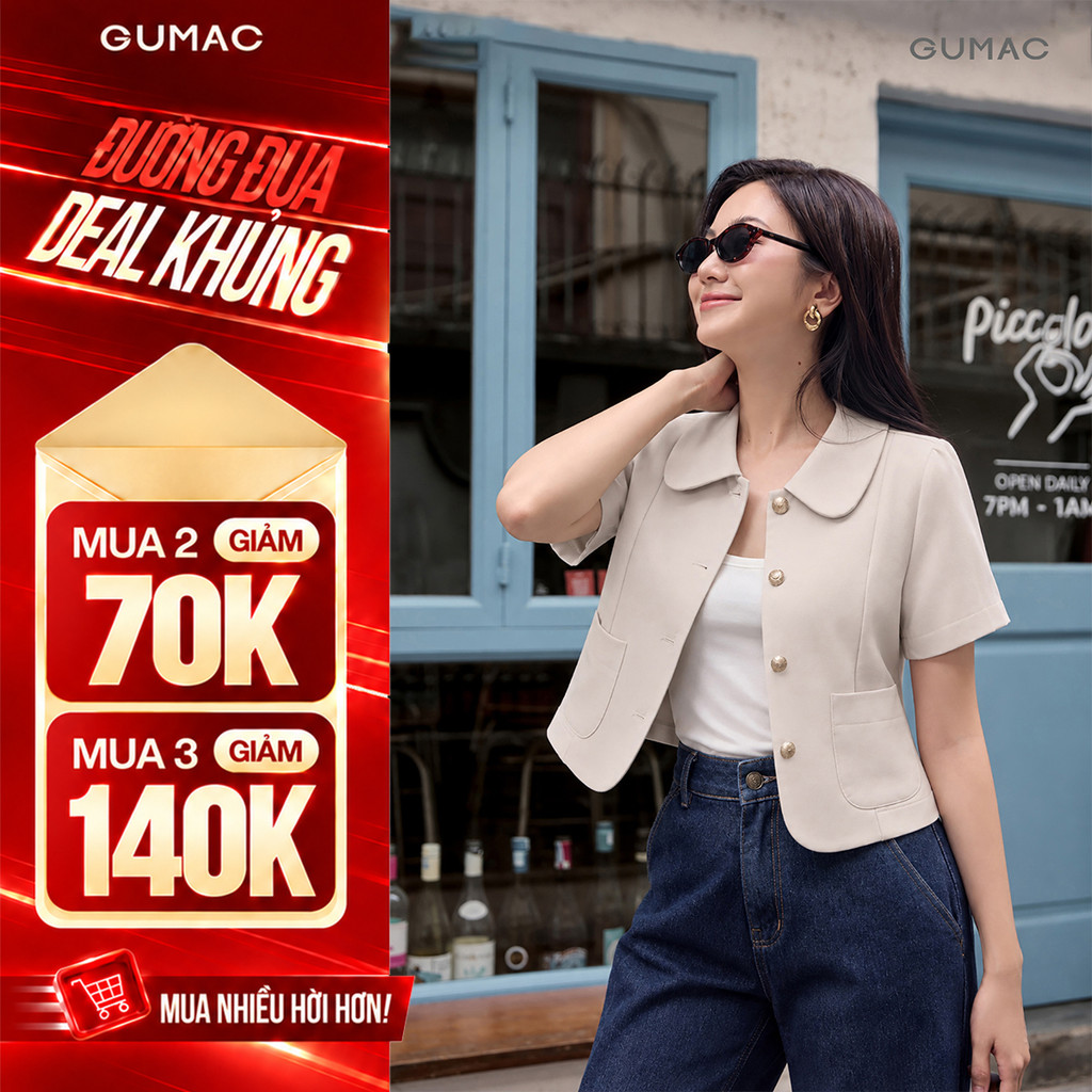 [VOUCHER 70K] Áo Kiểu Nữ GUMAC Cổ Sen Tay Thường Phối 2 Túi Chữ U Dáng Ôm Rã Decup LAG08111