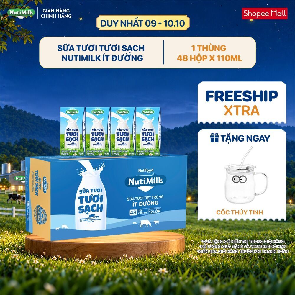 Thùng 48 Hộp Sữa Tươi Tươi Sạch NutiMilk 110ml/hộp Ít Đường