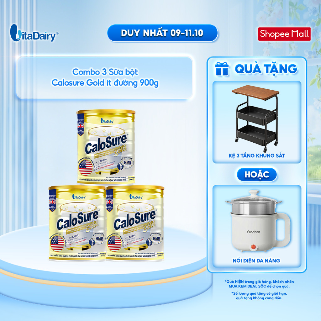 [COMBO 3 LON] Sữa bột CaloSure Gold ít đường - Bổ sung năng lượng, giúp tiêu hoá khoẻ - Lon 900g