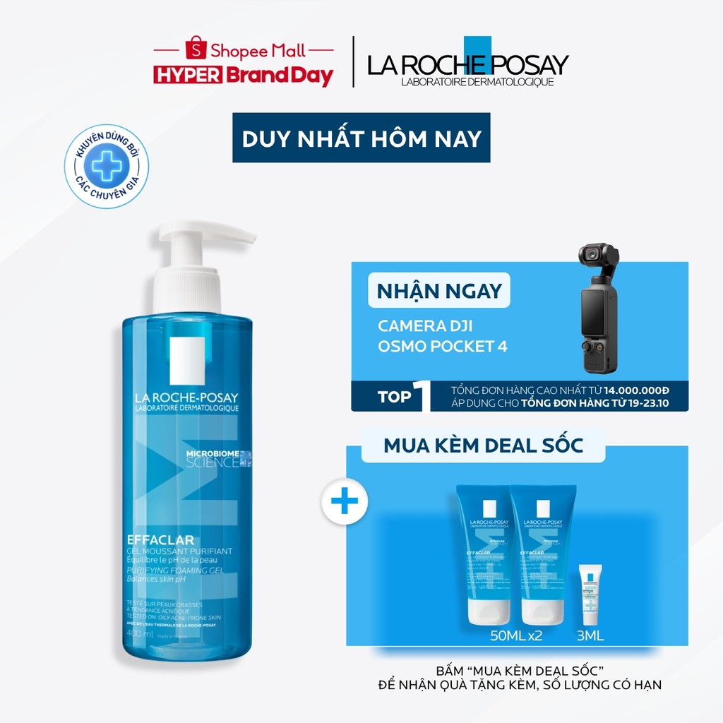 Gel rửa mặt sạch sâu giảm mụn cho da dầu mụn nhạy cảm La Roche-Posay Effaclar Foaming Gel 400ml