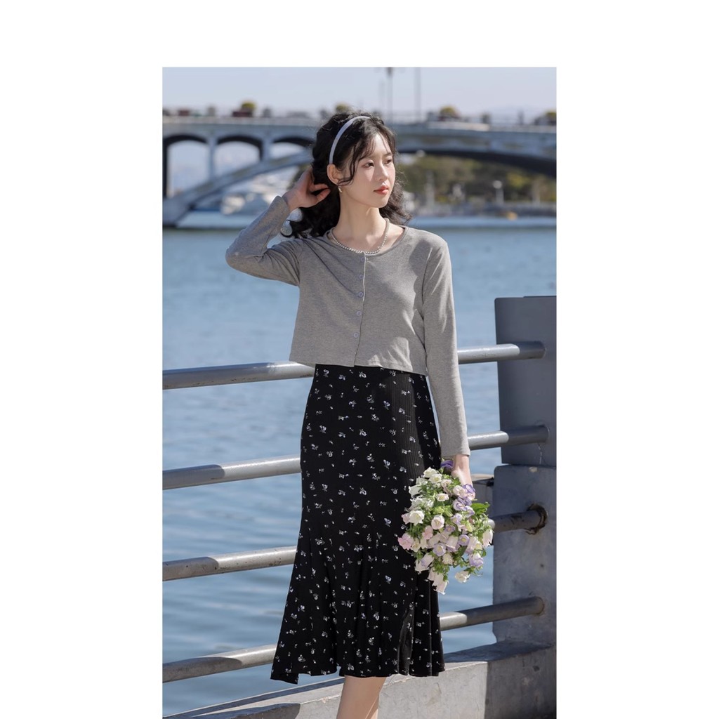 Mutu Đầm Two-Piece Mori Girl Hoa Pháp Mùa Xuân, Cardigan Dệt Kim Màu Xám