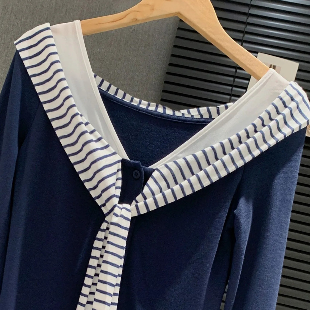 Milyfashion Preppy Phong Cách Hải Quân Cổ Sọc Ruy Băng Áo Thun Dài Tay Phong Cách Mới Đầu Thu Kỳ Nghỉ Hai Mảnh Quần Áo Nữ