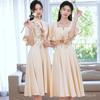 Đầm phù dâu sườn xám mỏng nhẹ cho cô dâu và nhóm cưới, phù hợp mùa xuân - hè